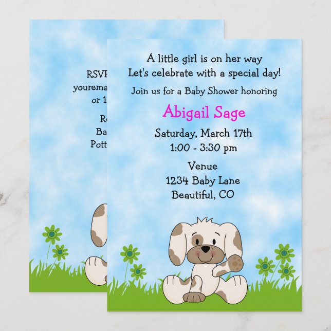 Cute Puppy Dog Girl's Baby Shower Invitation (Front/Back)
