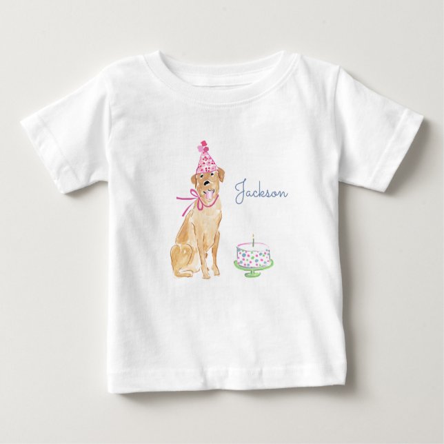 Cute Puppy Dog Golden Lab 1st Birthday Cake Baby T-Shirt (Front)