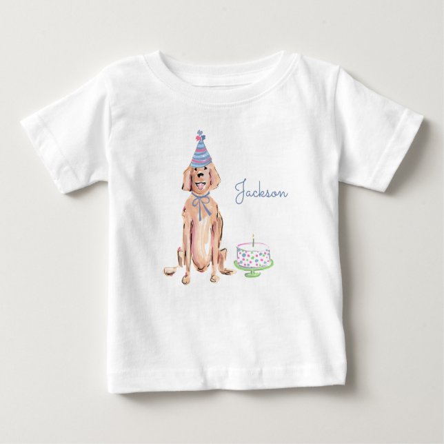 Cute Puppy Dog Golden Retriever 1st Birthday Cake Baby T-Shirt (Front)