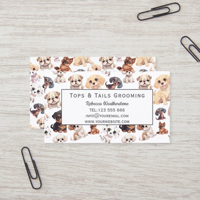 Cute Puppy Dog Grooming with QR Codes Business Card (Front/Back In Situ)