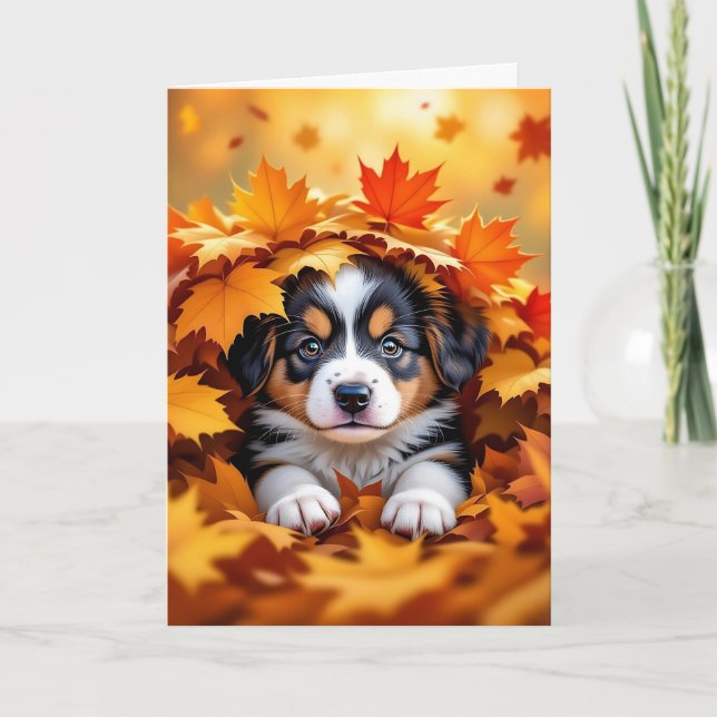 Cute Puppy Dog in Fall Leaves Card (Front)