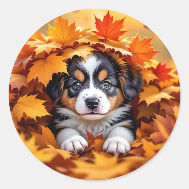 Cute Puppy Dog in Fall Leaves Classic Round Sticker (Front)