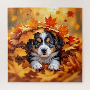 Cute Puppy Dog in Fall Leaves Jigsaw Puzzle