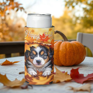 Cute Puppy Dog in Fall Leaves Seltzer Can Cooler