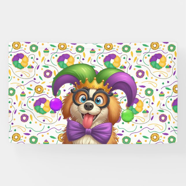 Cute puppy dog Mardi Gras in jester hat Banner (Horizontal)