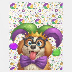 Cute puppy dog Mardi Gras in jester hat Fleece Blanket