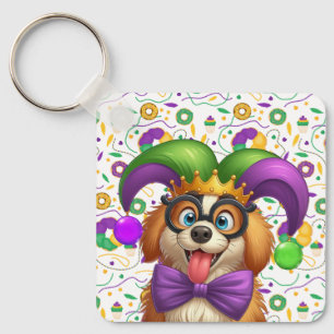 Cute puppy dog Mardi Gras in jester hat Key Ring