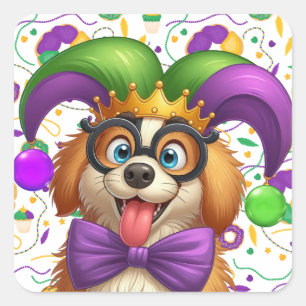 Cute puppy dog Mardi Gras in jester hat Square Sticker
