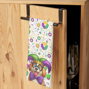 Cute puppy dog Mardi Gras in jester hat Tea Towel