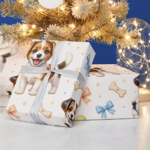 Cute Puppy Dog Pattern with Bows and Tennis Balls Wrapping Paper