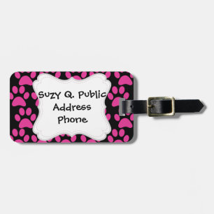 Cute Puppy Dog Paw Prints Hot Pink Black Luggage Tag
