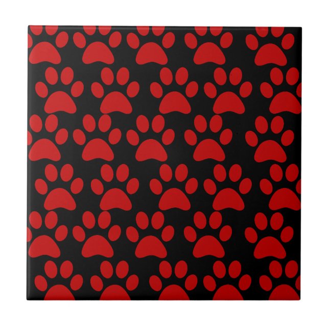 Cute Puppy Dog Paw Prints Red Black Tile (Front)