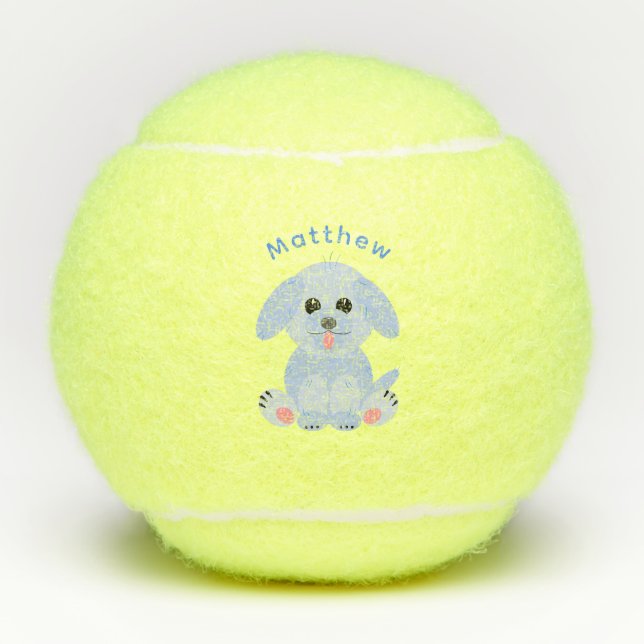 Cute Puppy Dog Personalised Cartoon Blue Pastel Tennis Balls (Front)