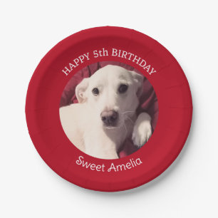 Cute Puppy Dog Photo 5th Birthday Red Party Paper Plate