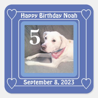 Cute Puppy Dog Photo Birthday Number 5 Blue Square Sticker
