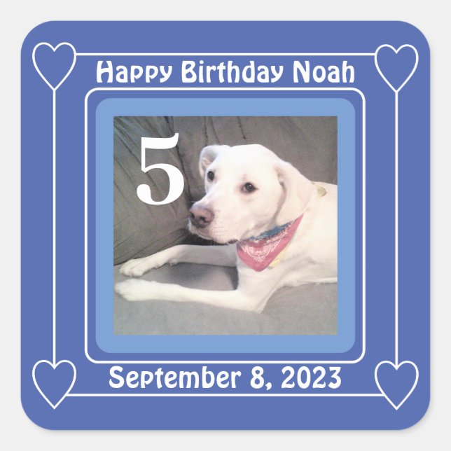 Cute Puppy Dog Photo Birthday Number 5 Blue Square Sticker (Front)