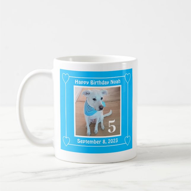Cute Puppy Dog Photo Happy Birthday Number 5 Blue Coffee Mug (Left)