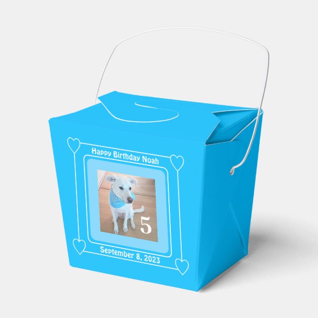 Cute Puppy Dog Photo Happy Birthday Number 5 Blue Favour Box (Front Side)