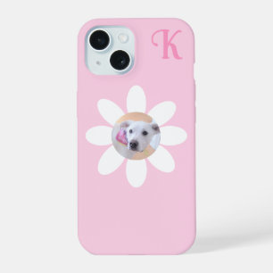 Cute Puppy Dog Photo Pink Flower Girl's Initial iPhone 15 Case