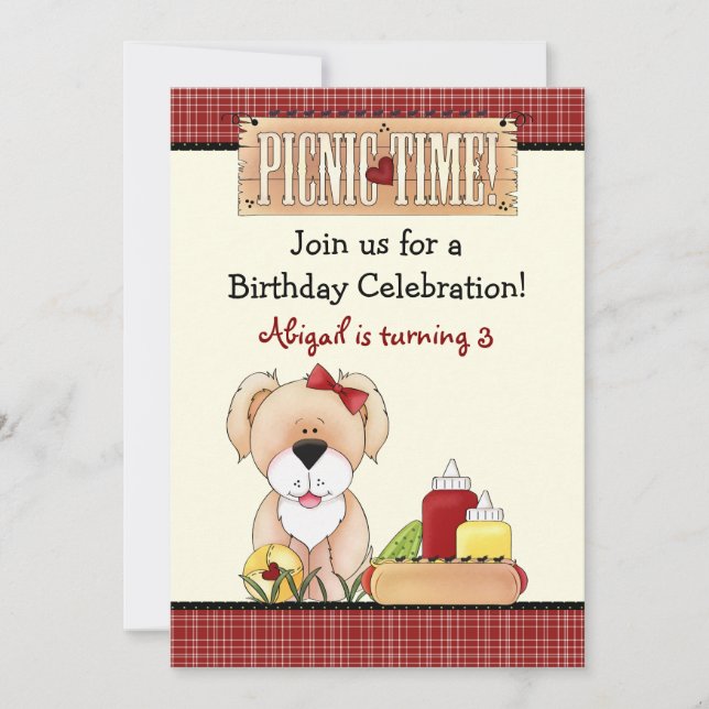 Cute Puppy Dog Picnic Birthday Invitation ~ Girls (Front)