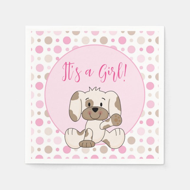 Cute Puppy Dog Pink Polka Dot Baby Shower Napkin (Front)