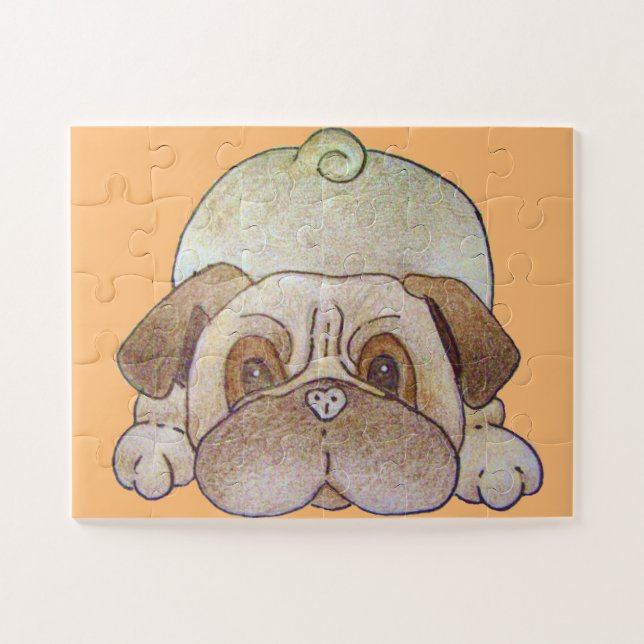 cute puppy dog play bowing brown pug jigsaw puzzle (Horizontal)