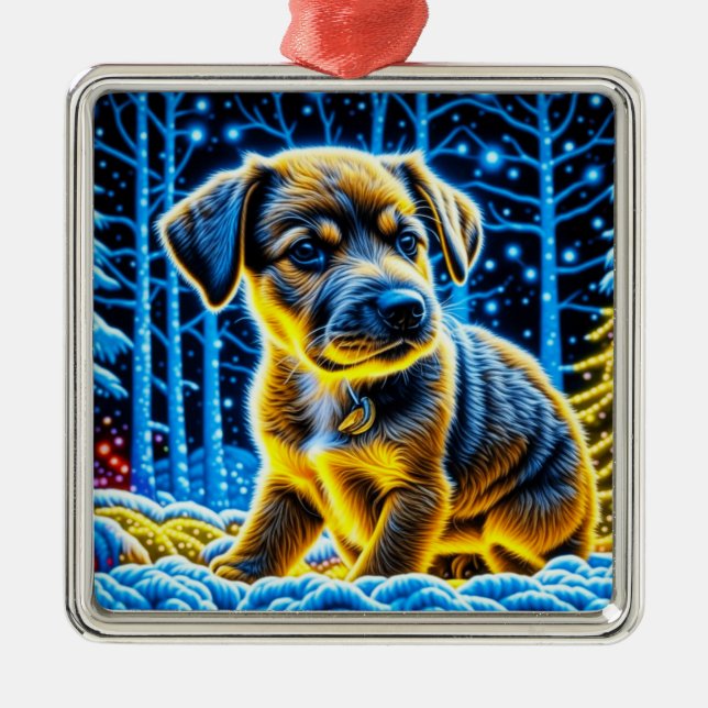 Cute Puppy Dog Playing in Snow Christmas Metal Tree Decoration (Front)