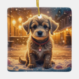 Cute Puppy Dog Playing in the Snow Christmas Ceramic Ornament