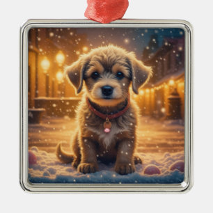 Cute Puppy Dog Playing in the Snow Christmas Metal Tree Decoration