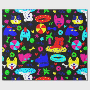 cute puppy dog pool party summer funny black wrapping paper