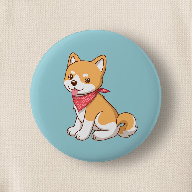 Cute Puppy Dog Shiba Inu on Blue 6 Cm Round Badge (Creator Uploaded)