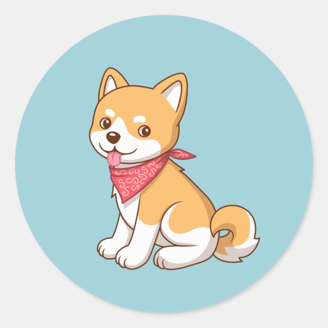 Cute Puppy Dog Shiba Inu on Blue Classic Round Sticker (Front)