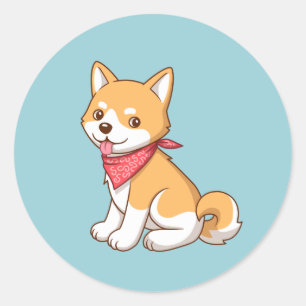 Cute Puppy Dog Shiba Inu on Blue Classic Round Sticker