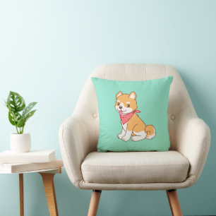 Cute Puppy Dog Shiba Inu on Green Cushion