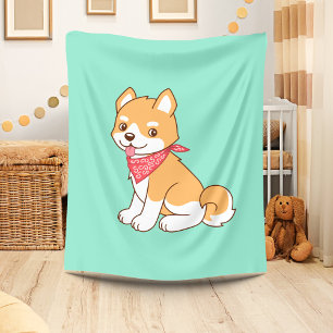 Cute Puppy Dog Shiba Inu on Green Fleece Blanket