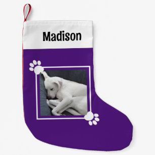 Cute Puppy Dog Single 1 Photo Custom Name Purple Small Christmas Stocking