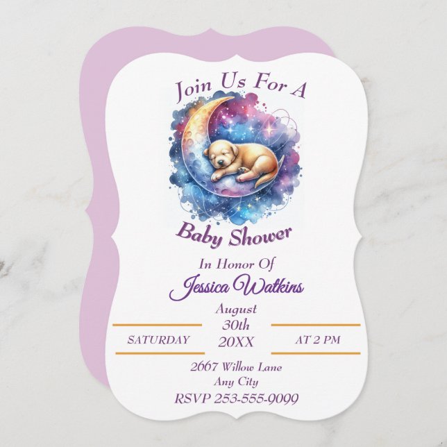 Cute Puppy Dog Sleeping on a Half Moon Invitation (Front/Back)