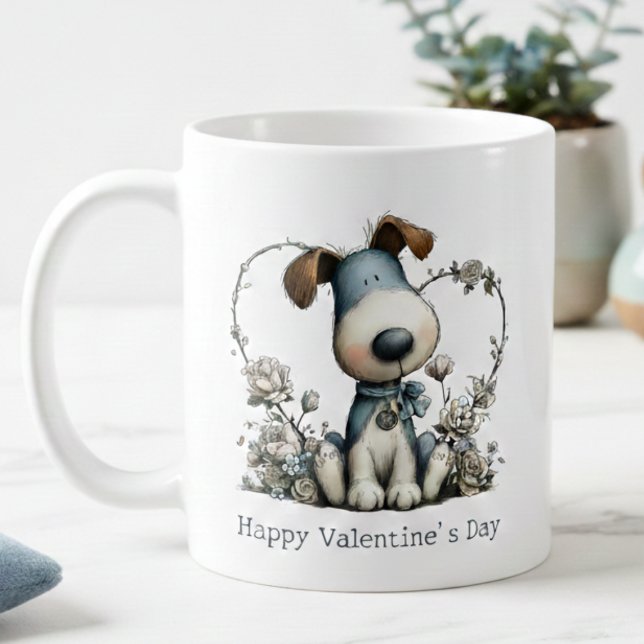 Cute Puppy Dog Valentines Mug (blue watercolor cartoon puppy dog happy valentines day mug)