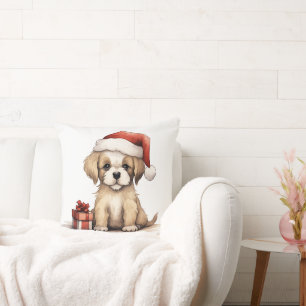 Cute Puppy Dog Wearing a Santa Hat Christmas Cushion