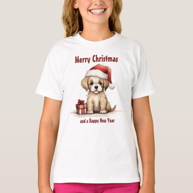 Cute Puppy Dog Wearing a Santa Hat Merry Christmas T-Shirt (Front)