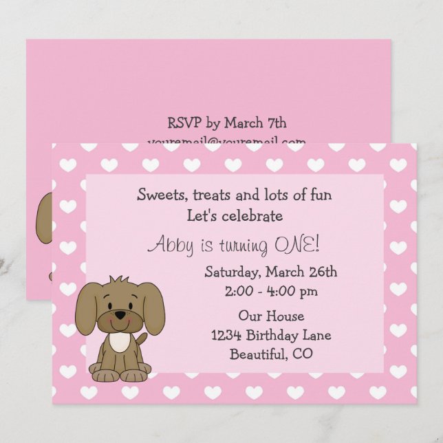 Cute Puppy Dog, White Hearts on Pink 1st Birthday Invitation (Front/Back)