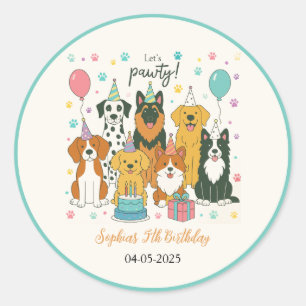 Cute Puppy Dogs Boy 5th Birthday Party Classic Round Sticker