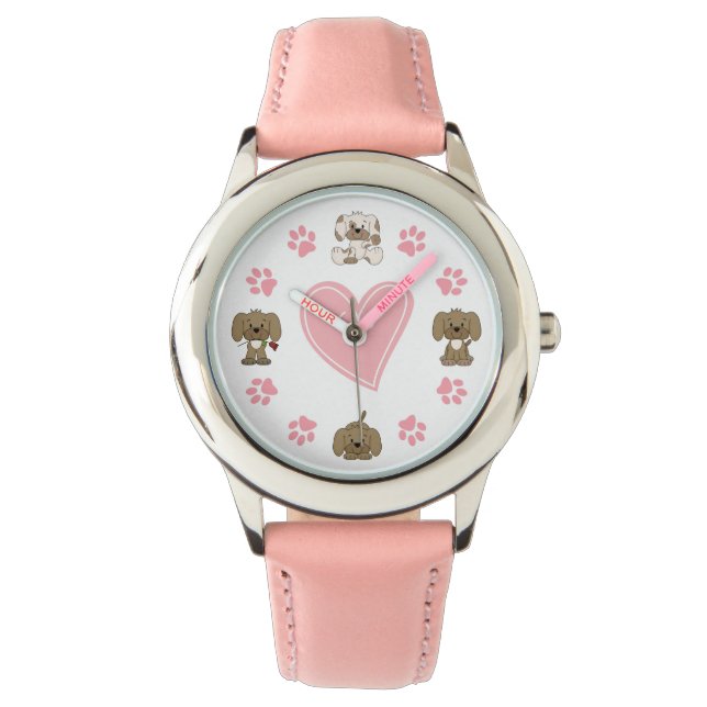 Cute Puppy Dogs, Pink Paw Prints and Heart Watch (Front)