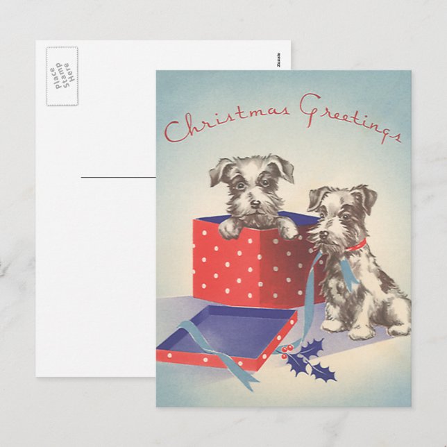 Cute Puppy Dogs, Vintage Christmas Greetings Holiday Postcard (Front/Back)