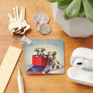 Cute Puppy Dogs, Vintage Christmas Greetings Key Ring