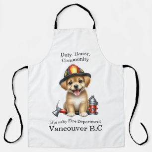 Cute puppy dressed as a firefighter with tools apron