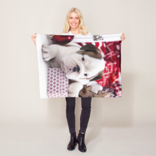 Cute Puppy English Bulldog Funny Christmas Fleece Blanket