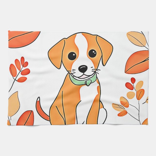 Cute Puppy Fall Artwork Tea Towel (Horizontal)