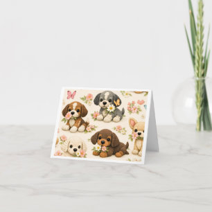 Cute Puppy Floral Butterfly – Whimsical Dog Art Card