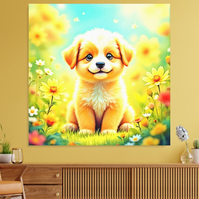 Cute Puppy Flower Art Canvas Print (Insitu(LivingRoom))